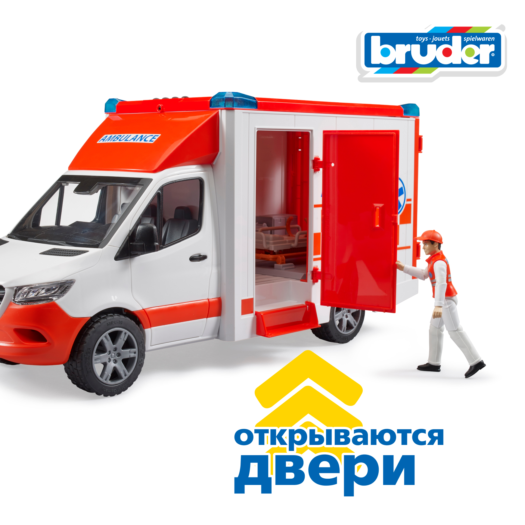 Скорая помощь Bruder Mercedes (свет,звук) с фигуркой 1:16 02-676 - фото 3