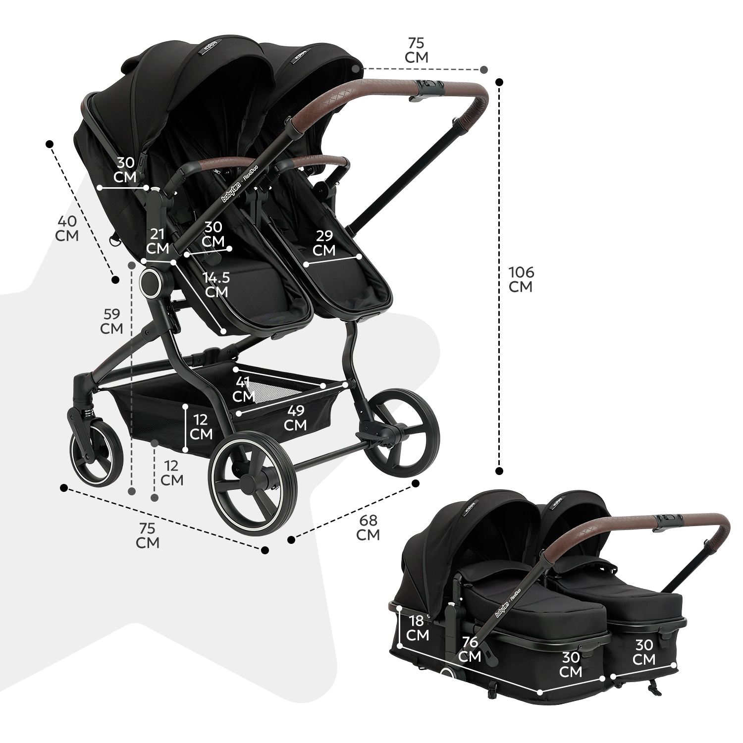 Коляска прогулочная для двойни Babyton Flexi Duo черный - фото 6