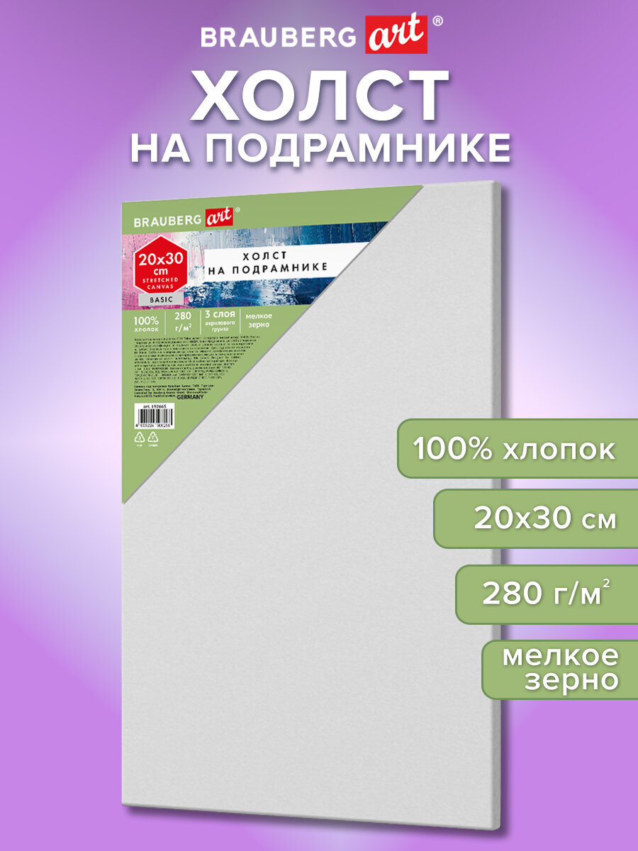Холст для рисования Brauberg на подрамнике 20х30 см грунтованный 100% хлопок - фото 1