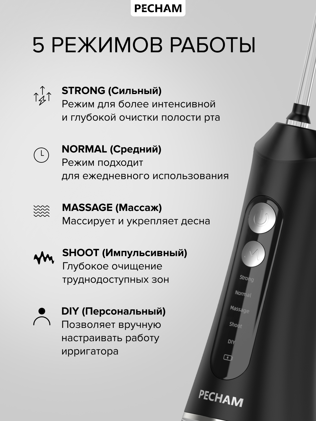 Ирригатор PECHAM импульсный, микропузырьковый, ручной 360 реж. - фото 6