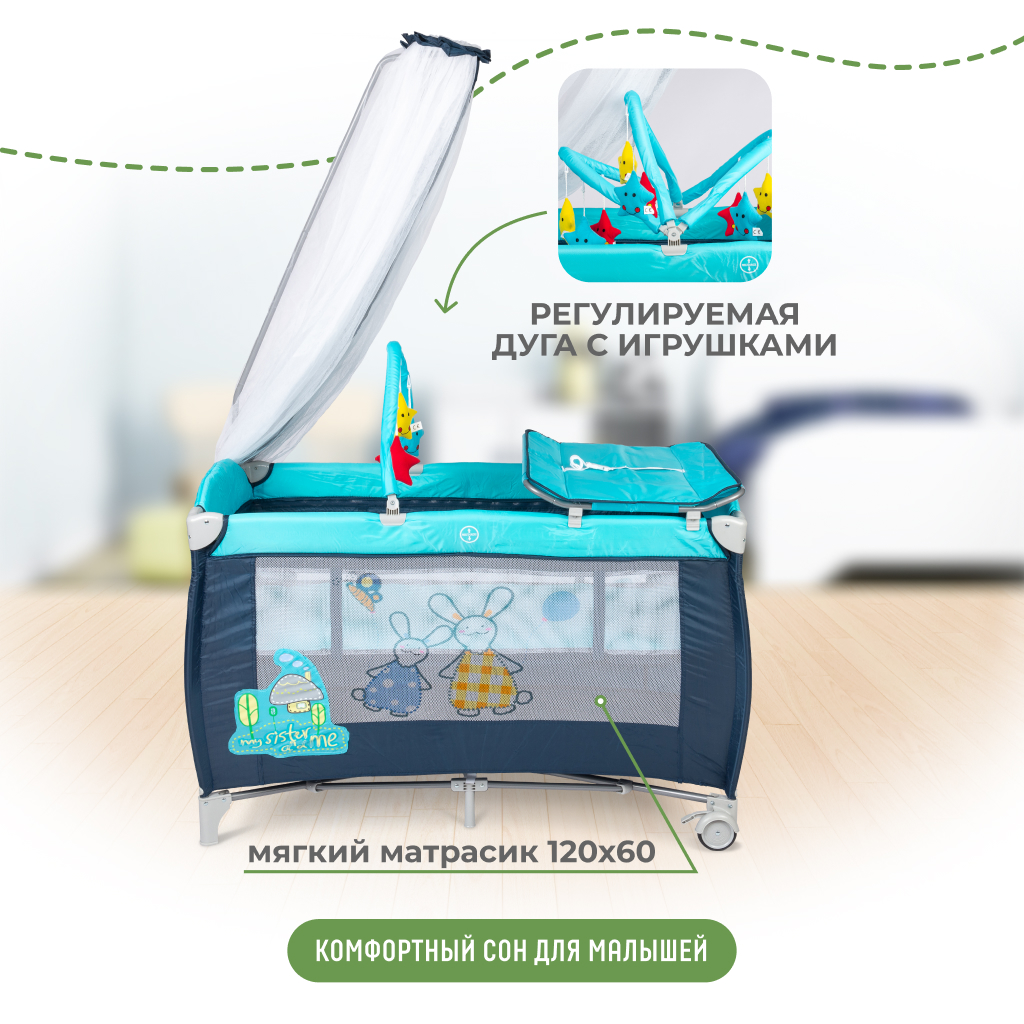 Складной детский манеж-кровать Solmax с мягким матрасом на колесиках синий HW97979 HW97979 - фото 4