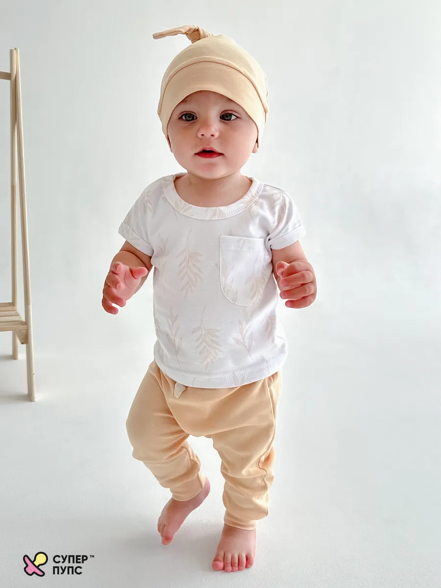 Футболка и штанишки с шапочкой Супер Пупс нбр/фут/штан/шпкбежевыйветочки - фото 9