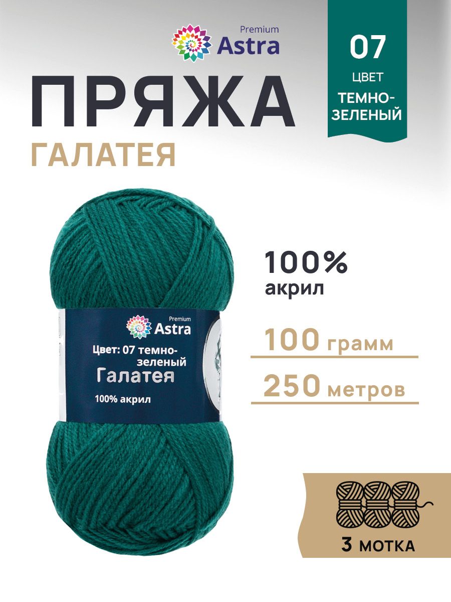 Пряжа Astra Premium Галатея акриловая 100 г 250 м 07 темно-зеленый 3 мотка - фото 1