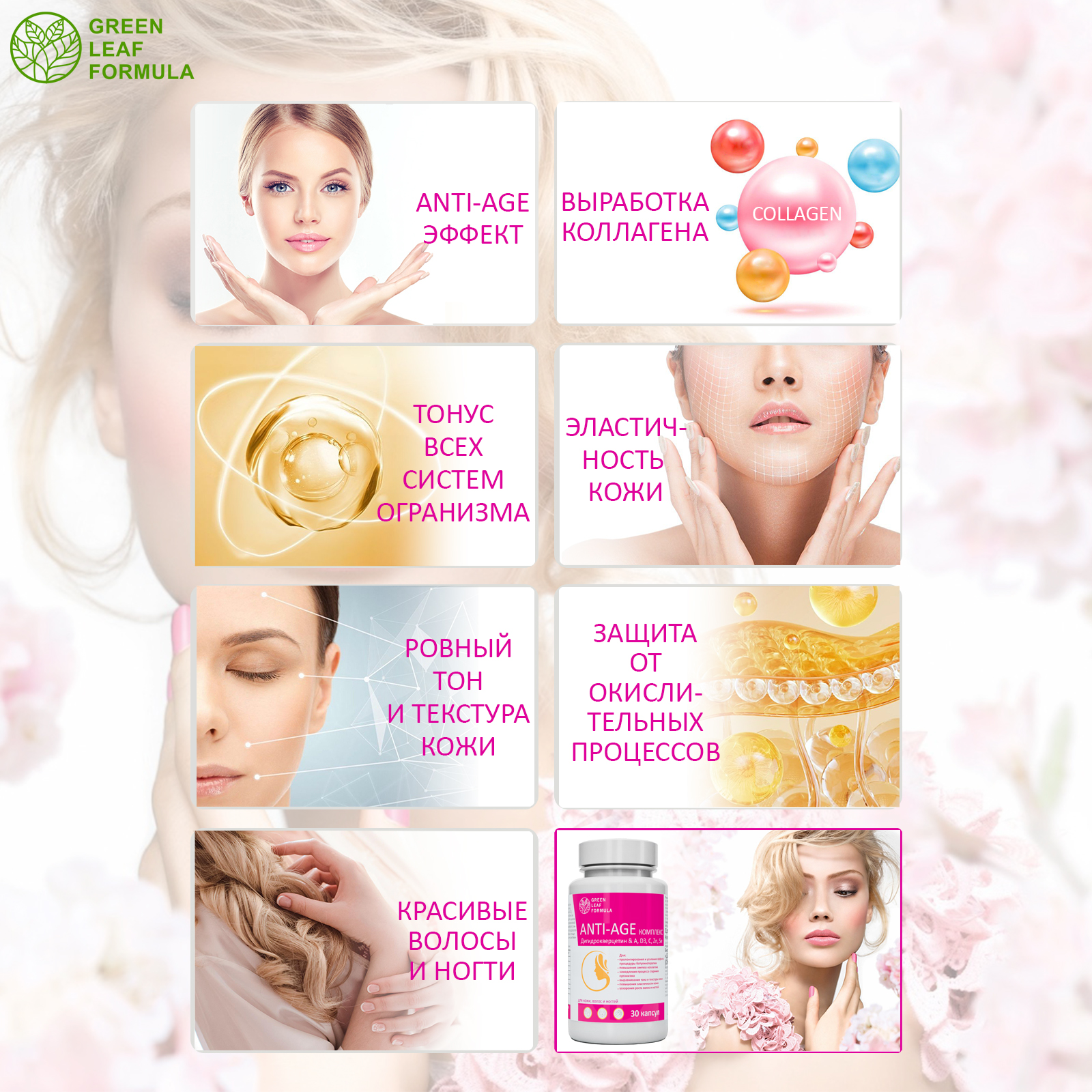 Комплекс ANTI-AGE Green Leaf Formula антиоксиданты витамины для кожи волос и ногтей - фото 7