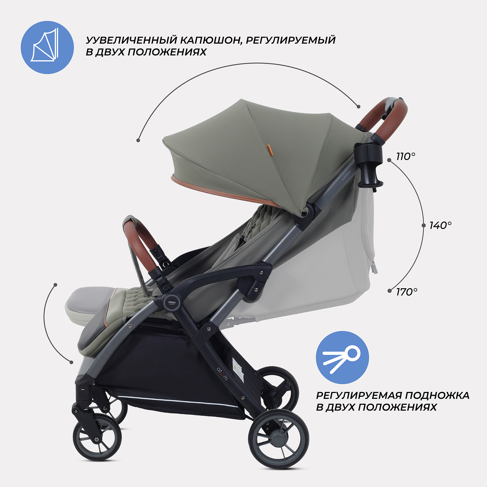 Коляска прогулочная MOWbaby Atom, olive хаки - фото 4