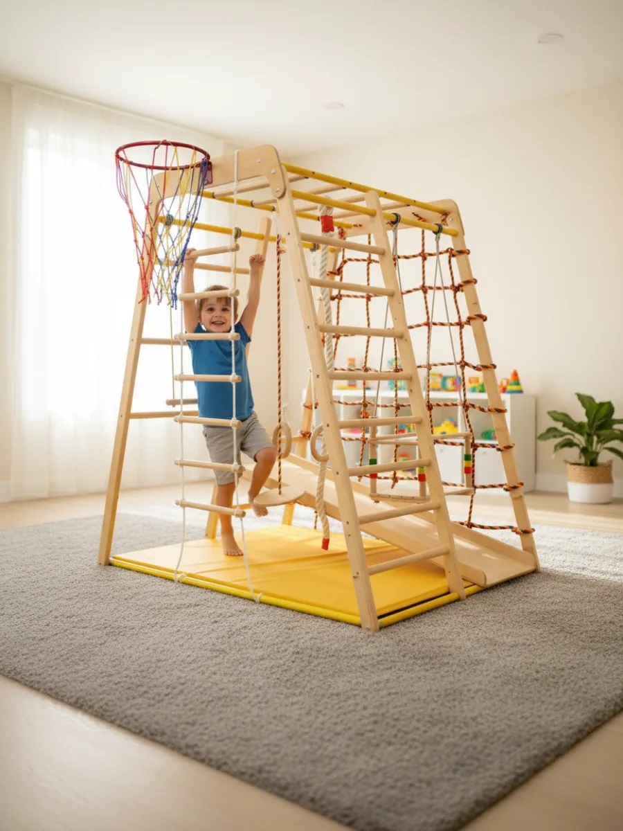 Детский спортивный комплекс Perfetto Sport Весёлый Малыш Wood горка мягкий бортик - фото 3
