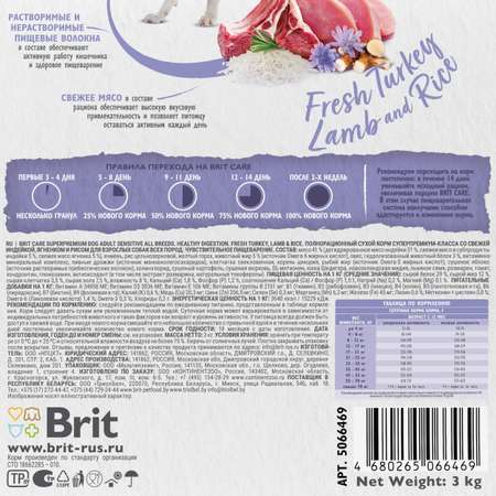 Корм для собак Brit Care 3кг взрослых всех пород с индейкой и ягненком