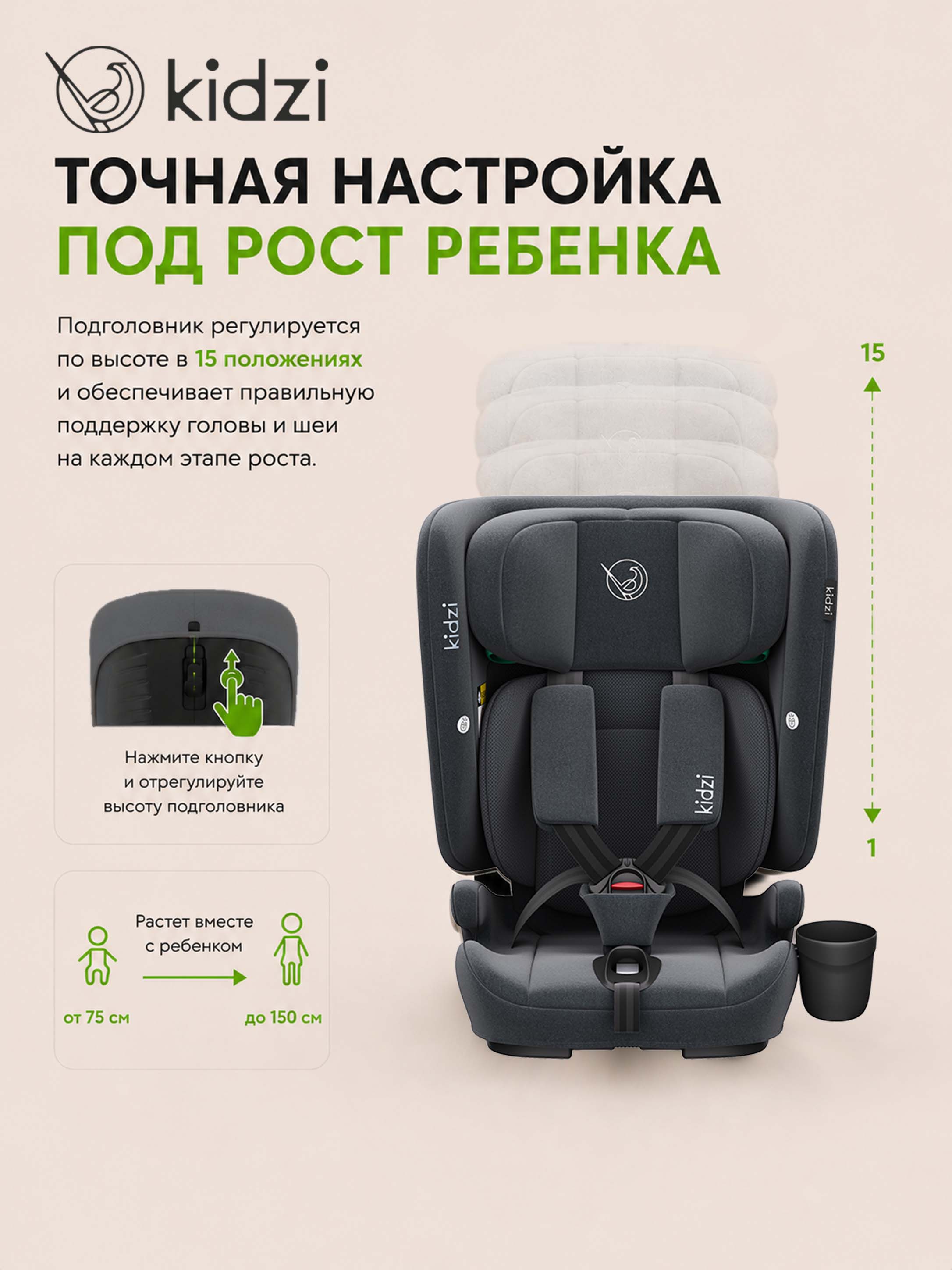 Автокресло Kidzi ORIO i-SIZE Isofix 1/2/3 (9-36 кг) серый - фото 7