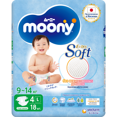 Подгузники Moony Extra Soft L (9-14 кг) 18 шт.