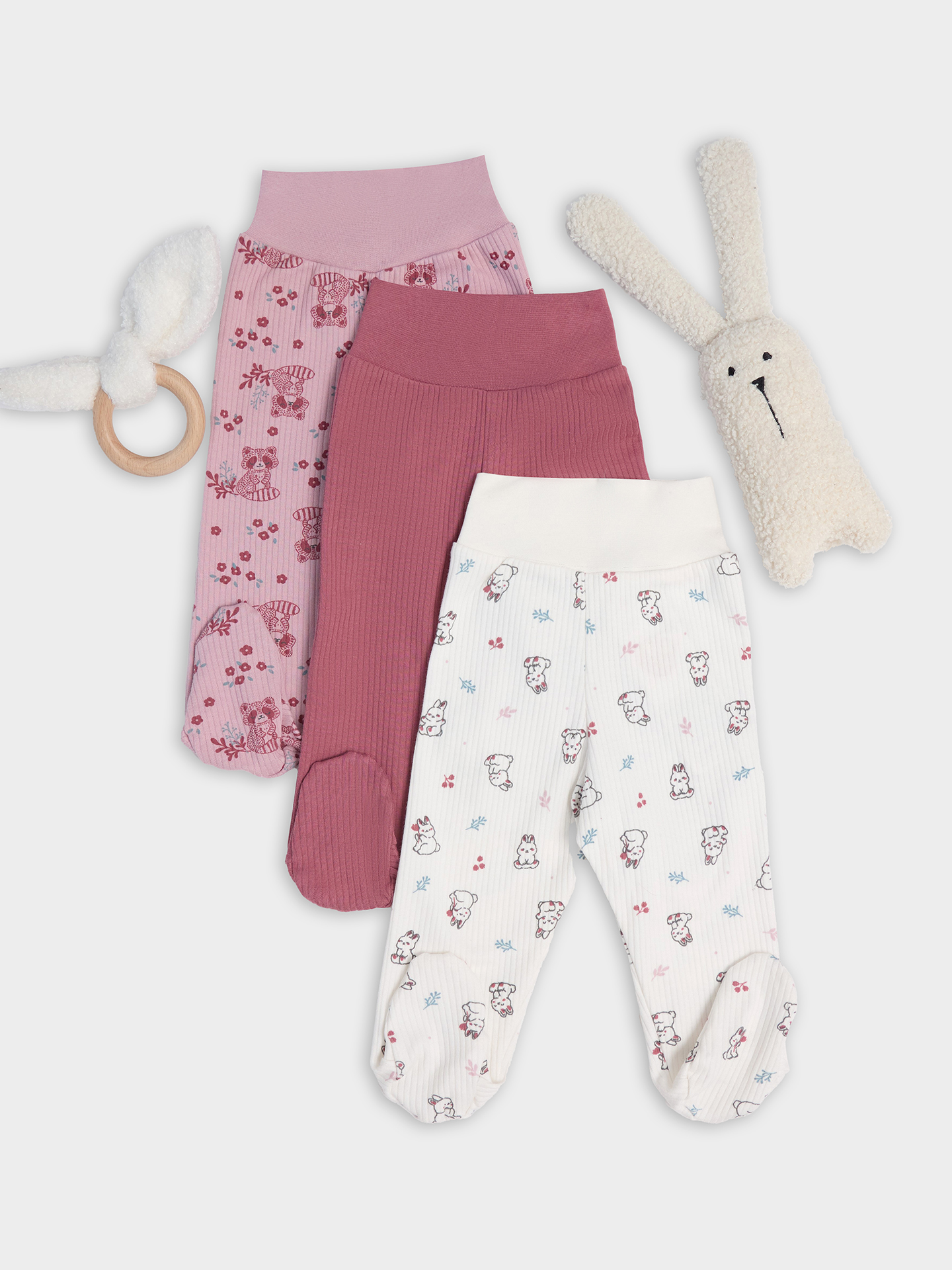 Ползунки 3 шт Mark Formelle (Марк Формэль) 85117-3/зайчики на зв.белом +цветочные еноты на п.роз +дымч.роза - фото 1