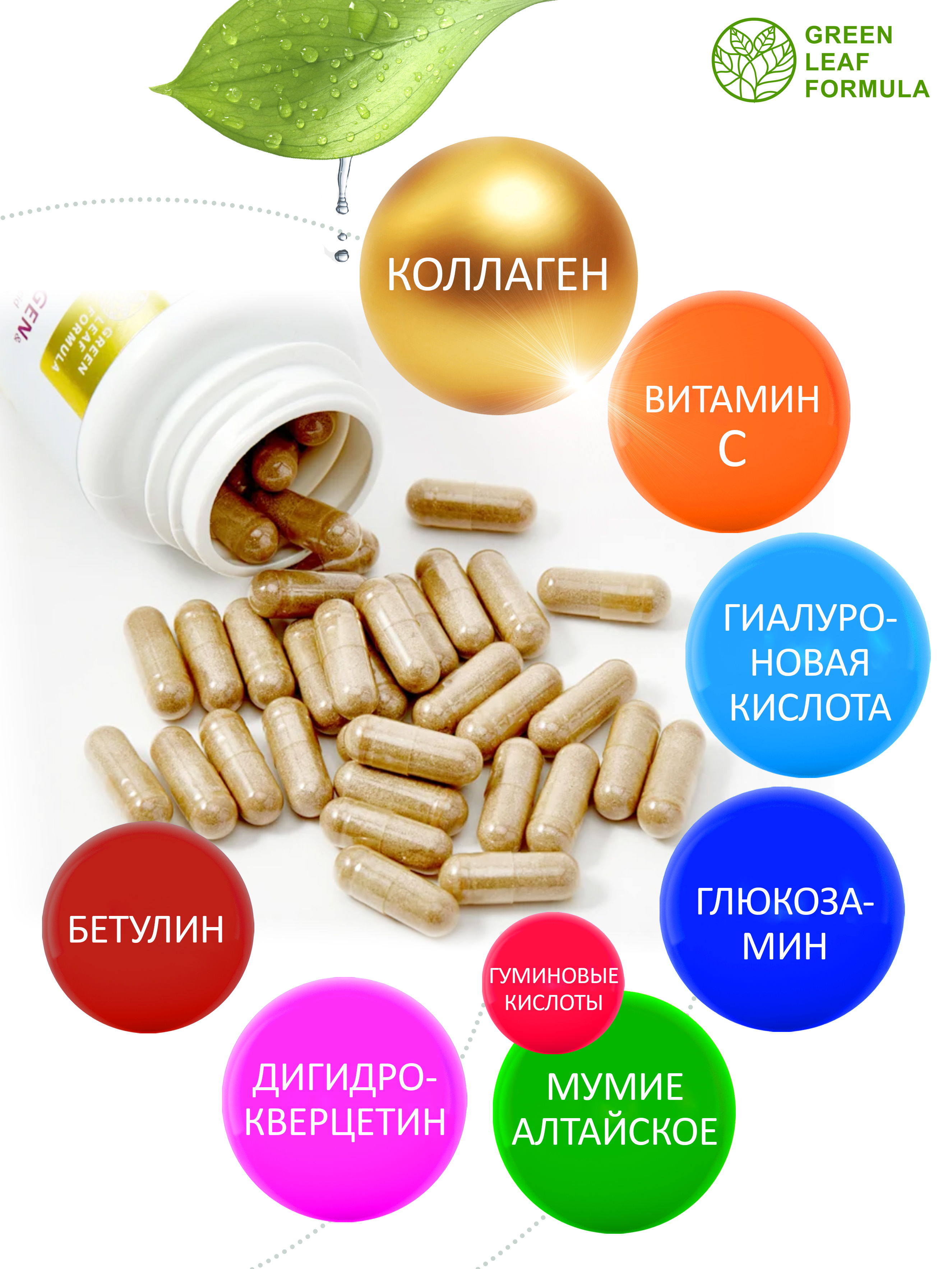 Коллаген с витамином С Green Leaf Formula гиалуроновая кислота глюкозамин для кожи волос для связок и суставов - фото 3