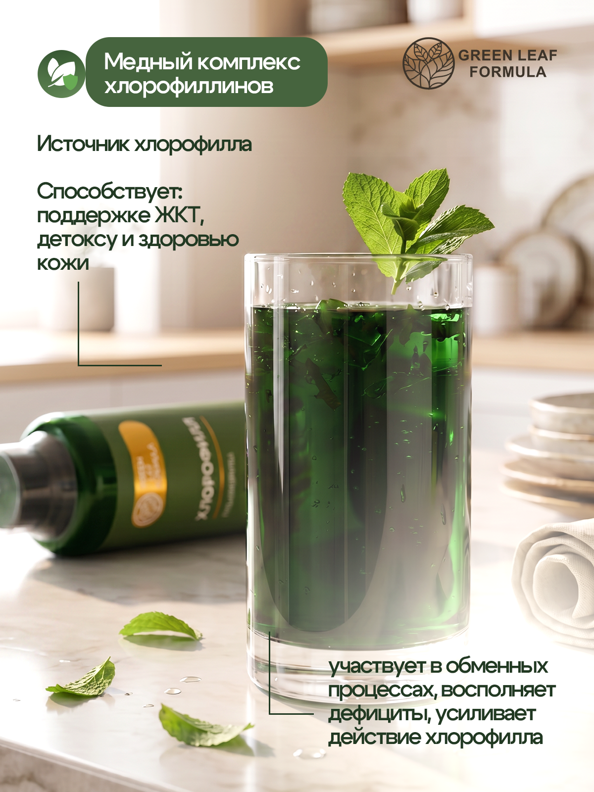 Хлорофилл жидкий пищевой мята Green Leaf Formula детокс для очищения и похудения 500мл - фото 3