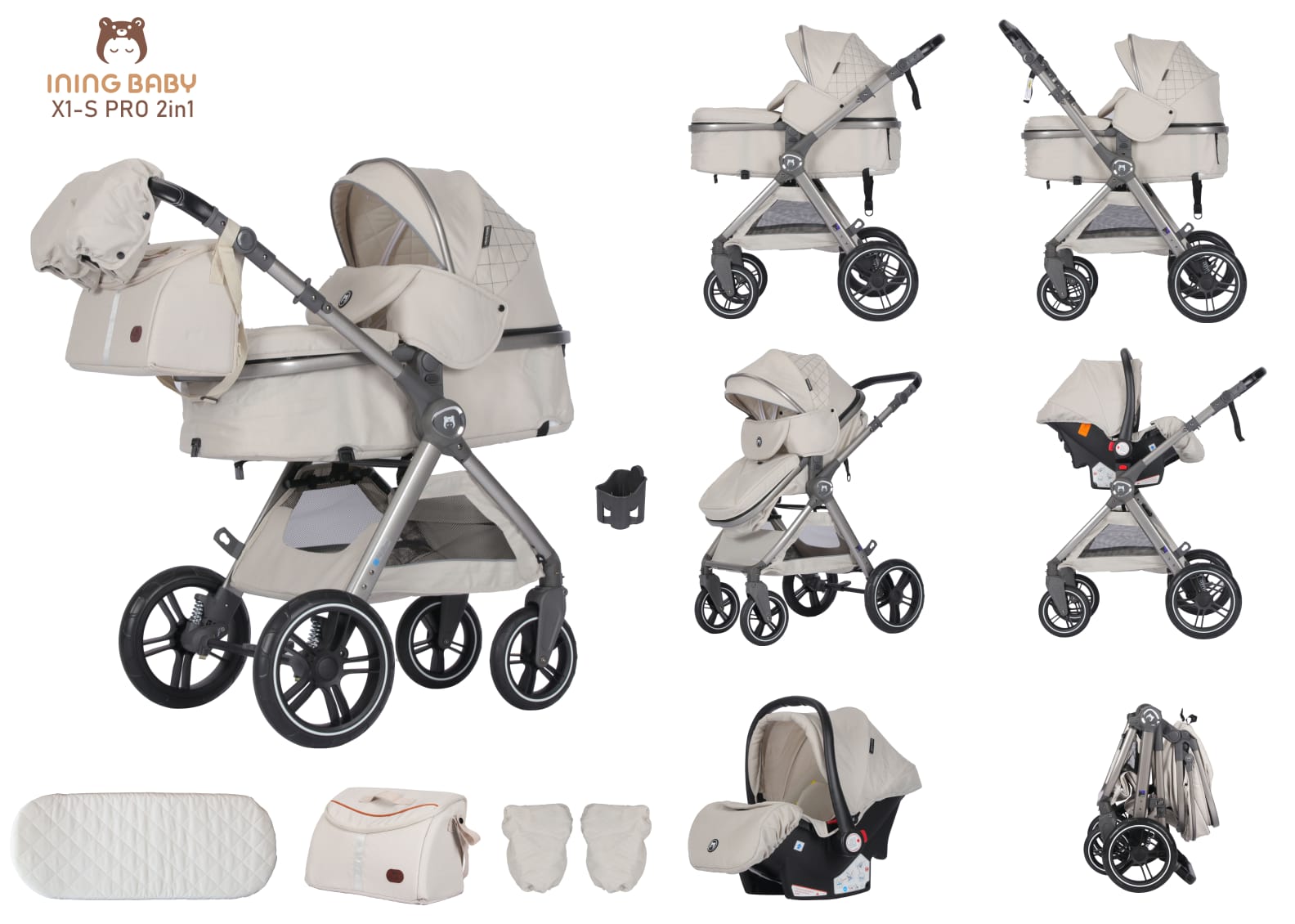 Коляска 3в1 Ining baby X1-S PRO khaki - фото 1