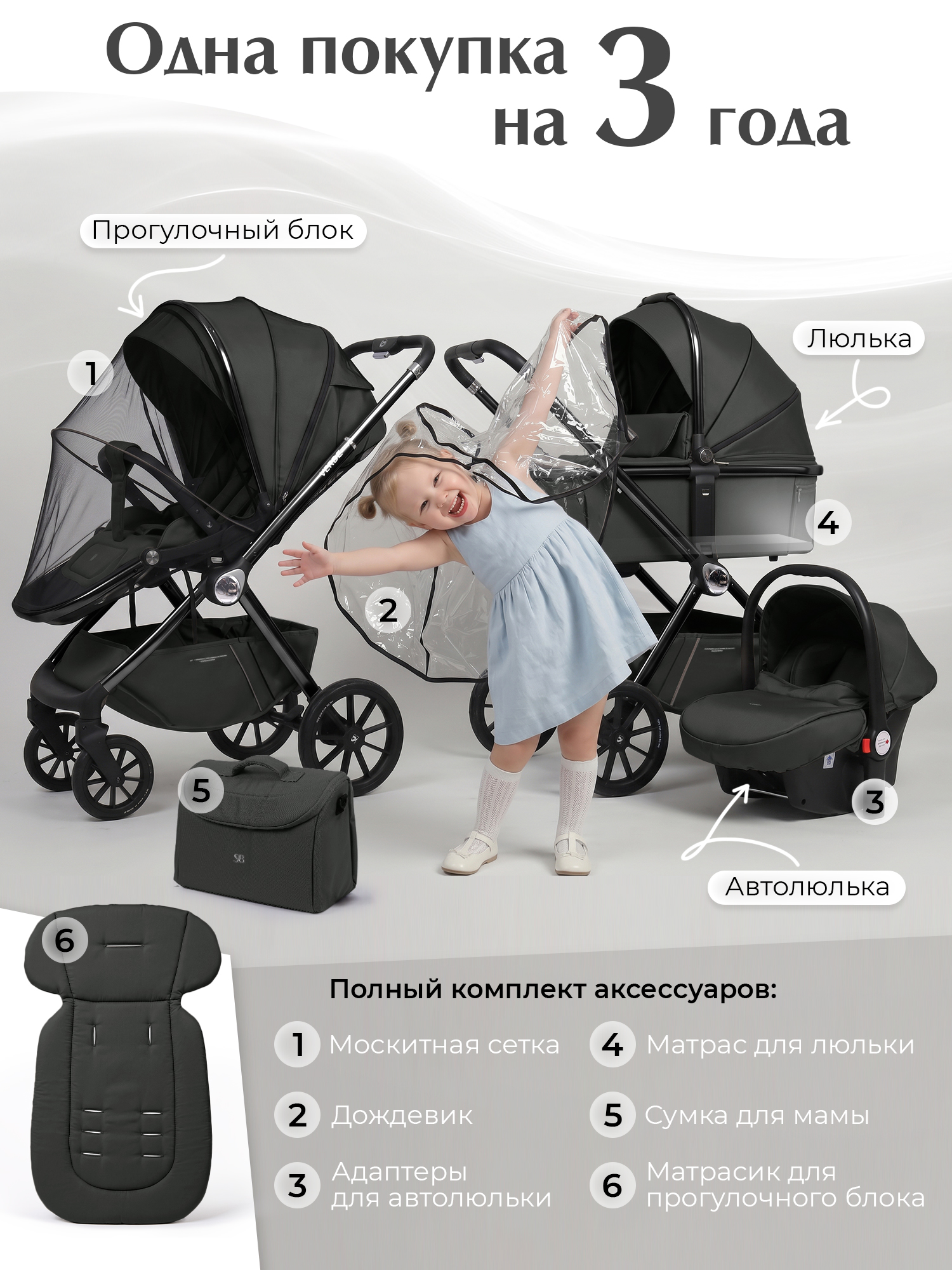 Коляска 3в1 Sweet Baby Verde Dark Grey (Black Glossy) серый - фото 2