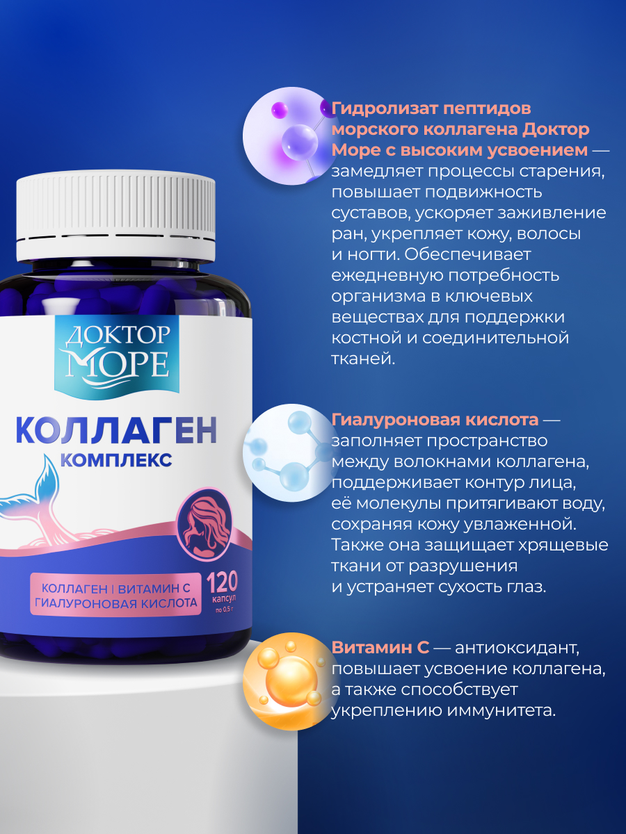 Коллаген комплекс для красоты Доктор Море с гиалуроновой кислотой и витамином С 120 капсул - фото 2