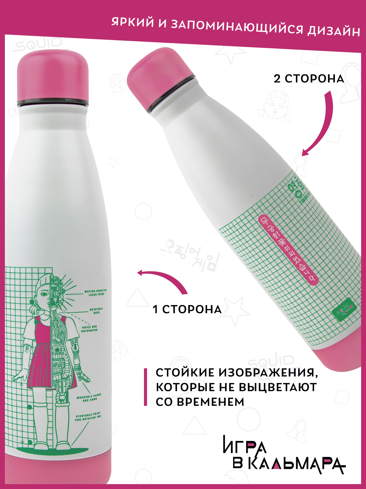 Термобутылка Squid Game Игра в кальмара Белый чертеж Ён-Хи 500 мл - фото 2