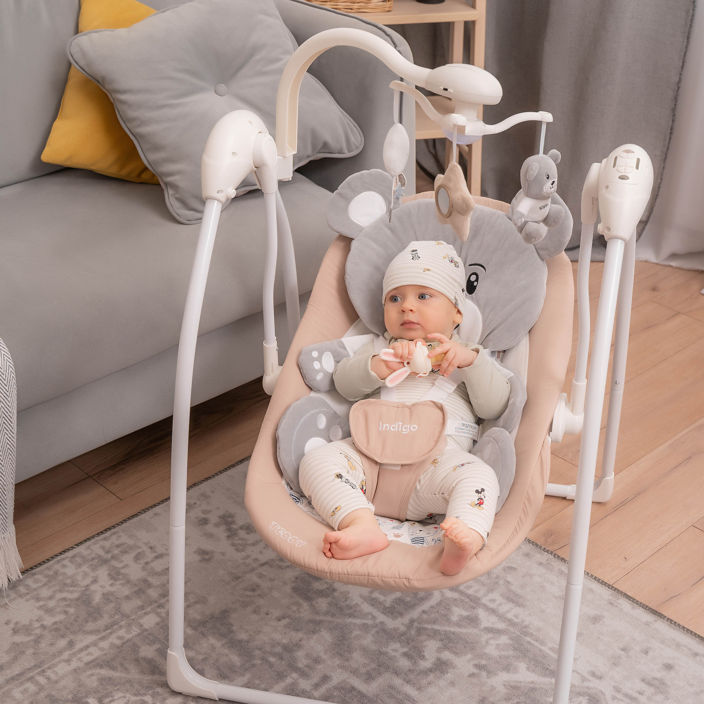 Электрокачели Indigo teddy с музыкальным мобилем и пультом управления бежевый - фото 12