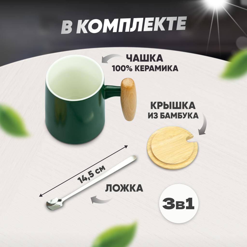 Чайный набор Solmax из кружки с крышкой и ложкой зеленый TW06828 - фото 2