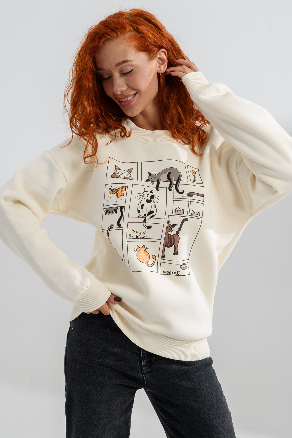 Свитшот Натали Суслова 8569 молочный+коты - фото 5