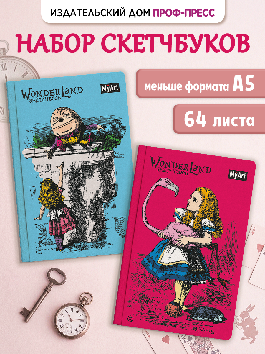 Блокнот Проф-Пресс скетчбук Wonderland комплект из 2 шт по 64 л 116х180 мм Алиса с фламинго+Шалтай-Болтай - фото 1