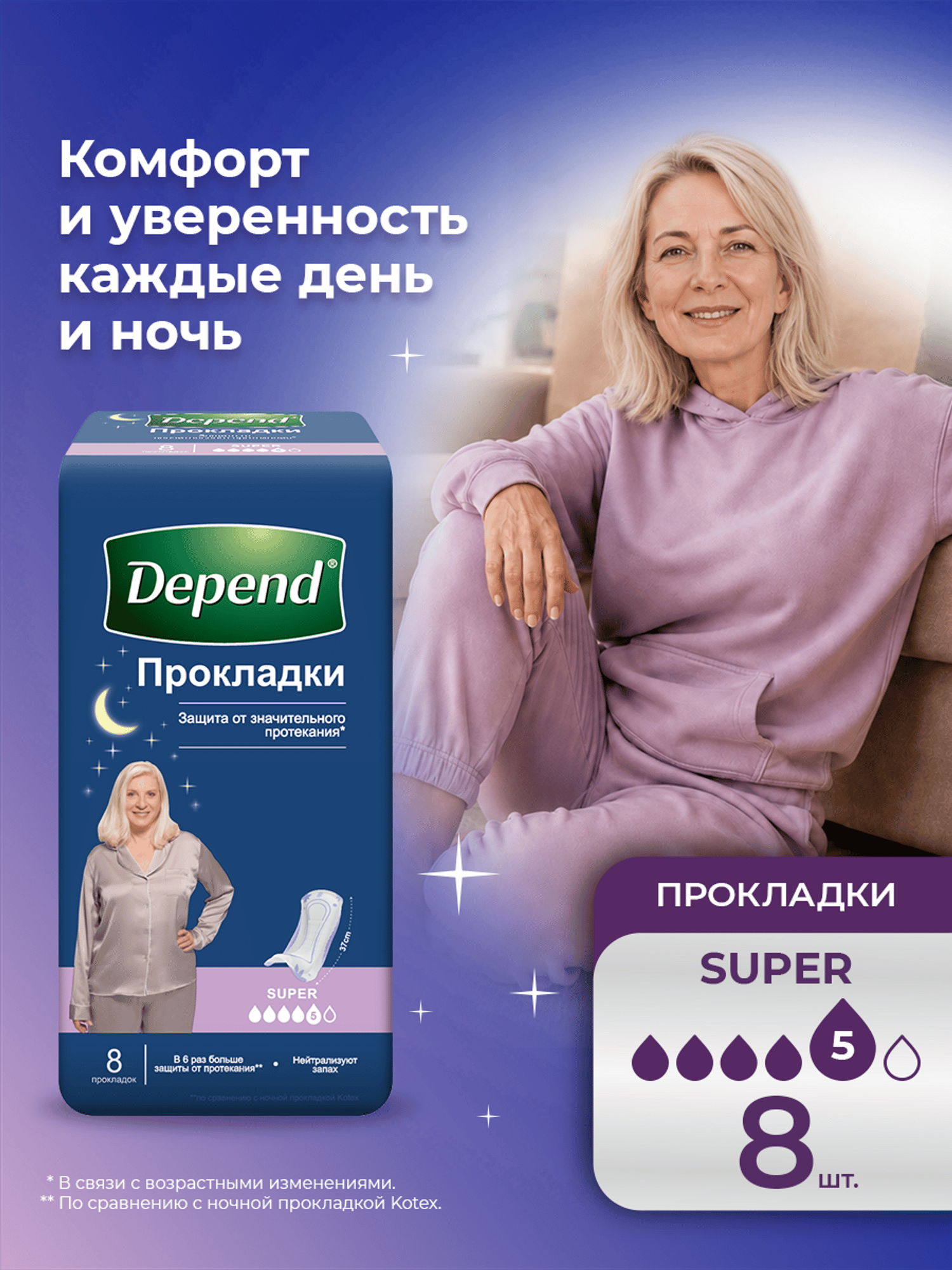 Изображение товара Прокладки урологические Depend Super 8 штук гигиенические послеродовые