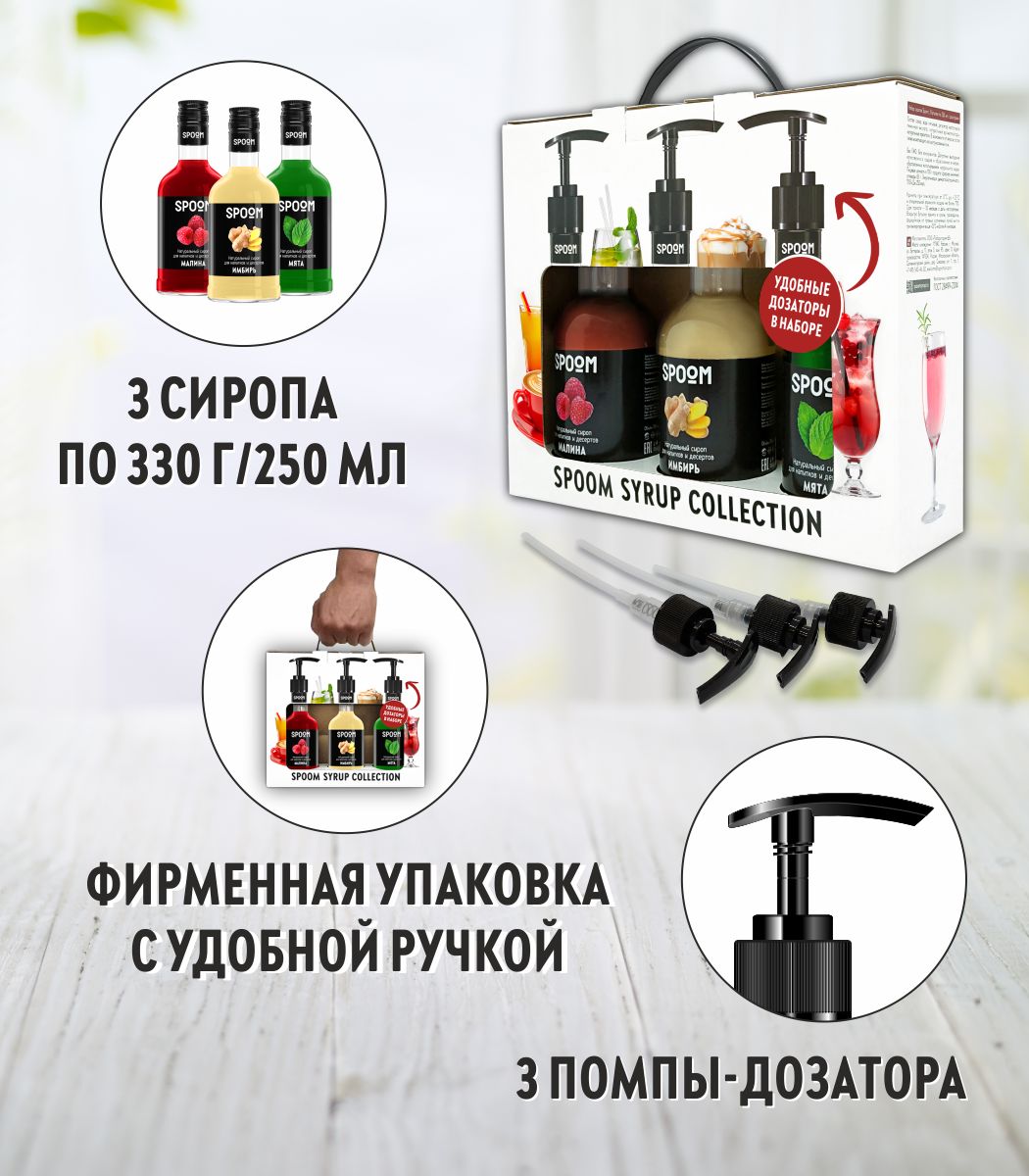 Набор сиропов SPOOM Имбирь Малина Мята для чая и коктейлей 3шт 250мл + 3 дозатора - фото 2