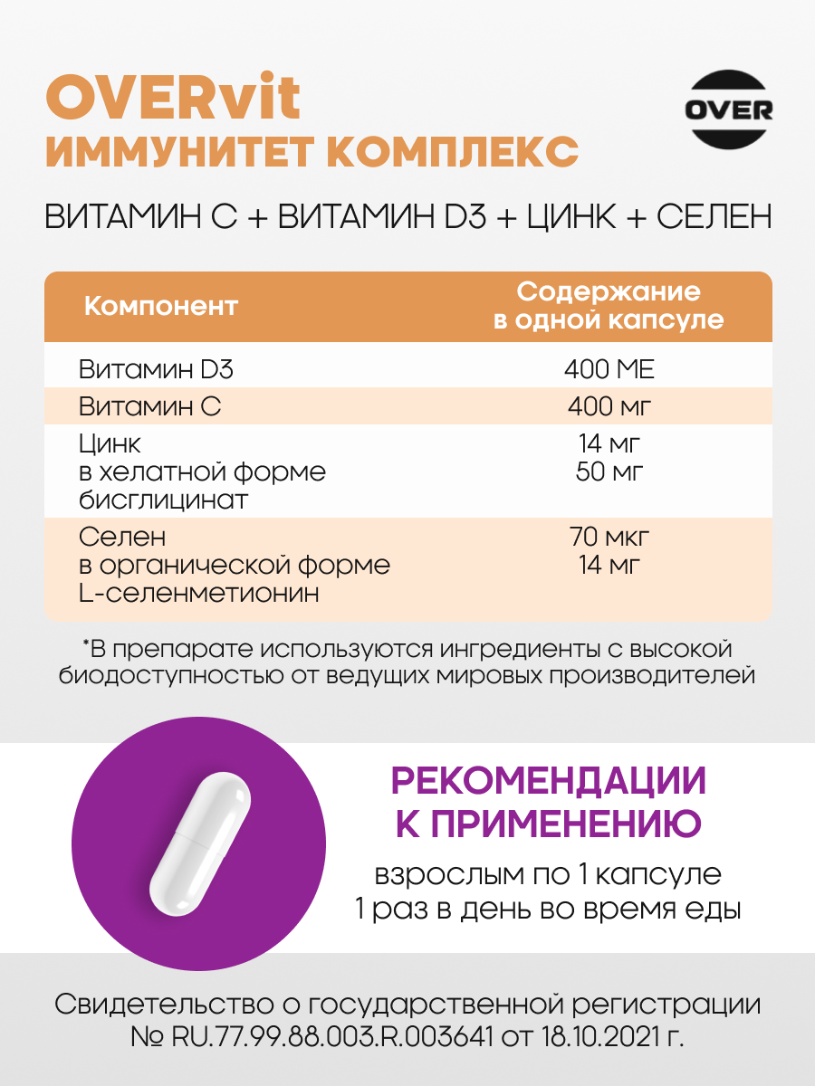 БАД для поддержания иммунитета OVER витамины С+D+Цинк+Селен - фото 3