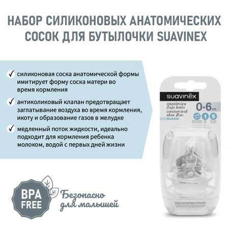 Соска Suavinex Anti-Colic силикон (медленный поток) 2 шт.