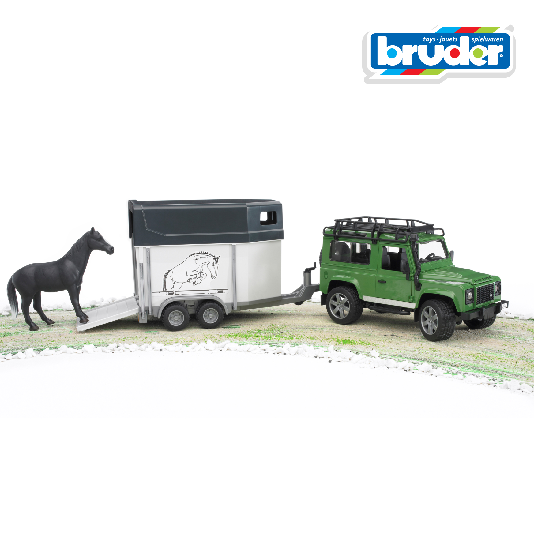 Внедорожник Bruder Land Rover с прицепом-коневозкой + лошадь 02-592 - фото 7