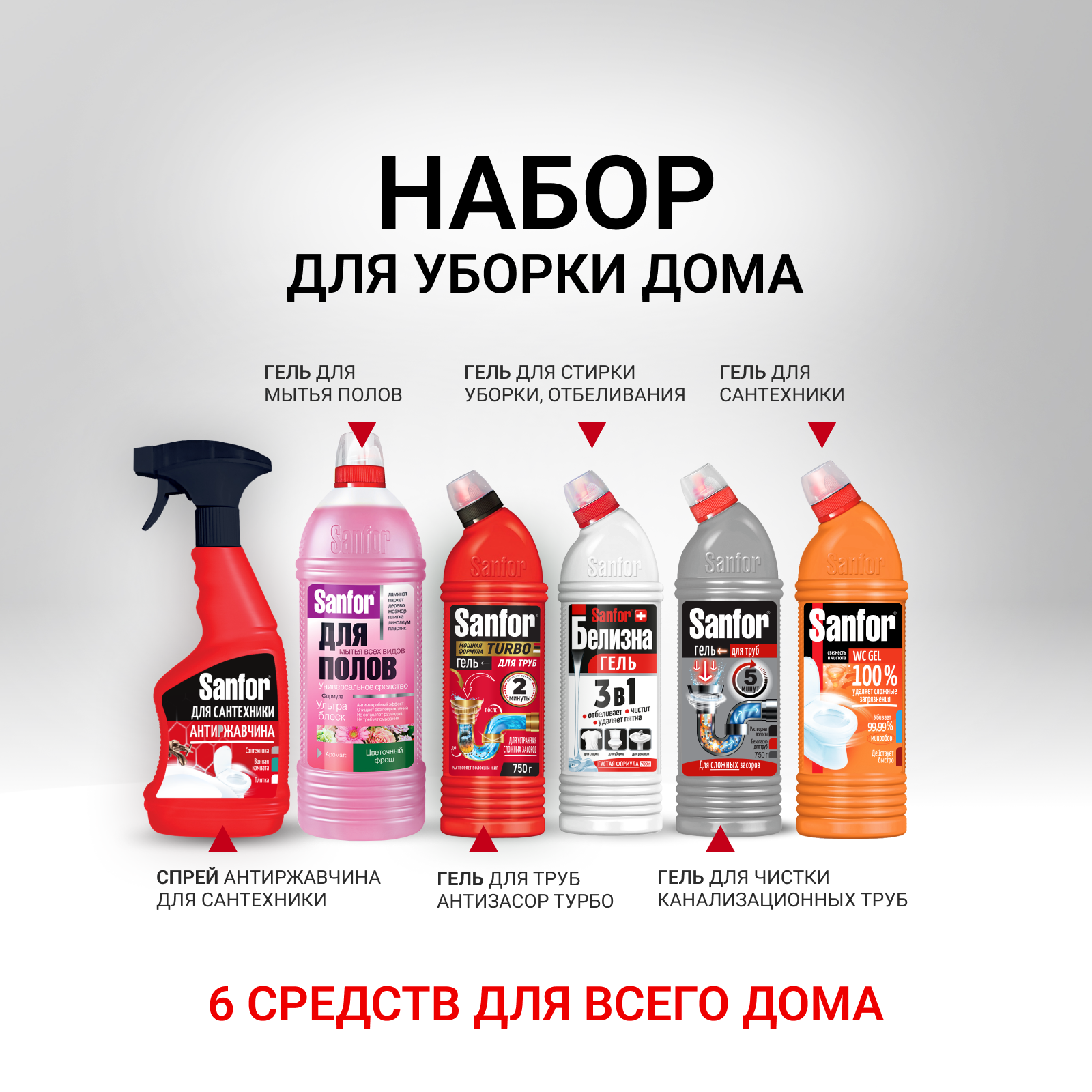 Изображение товара Набор бытовой химии Sanfor для уборки дома 6 штук