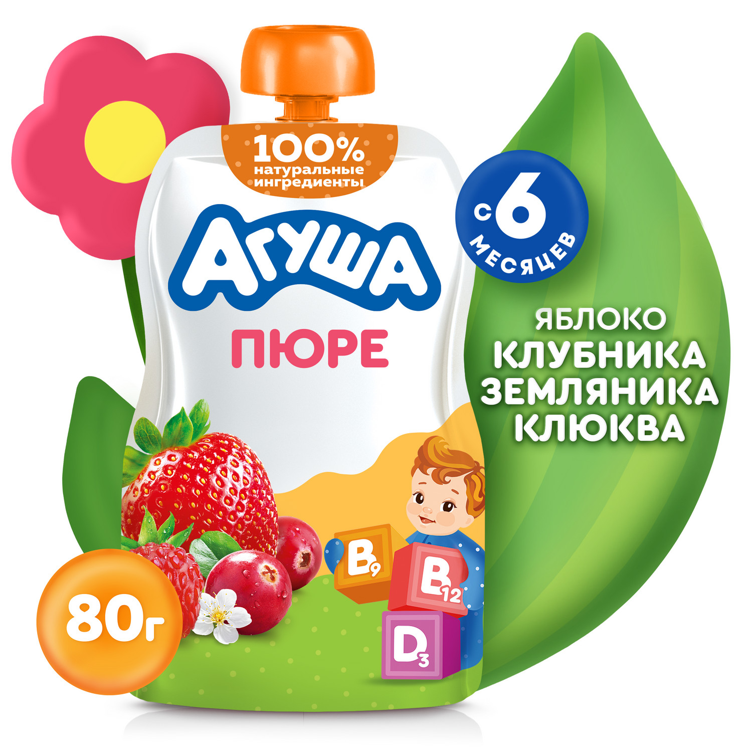 Пюре Агуша Яблоко-клубника-земляника-клюква с 6 мес 80 г - фото 1