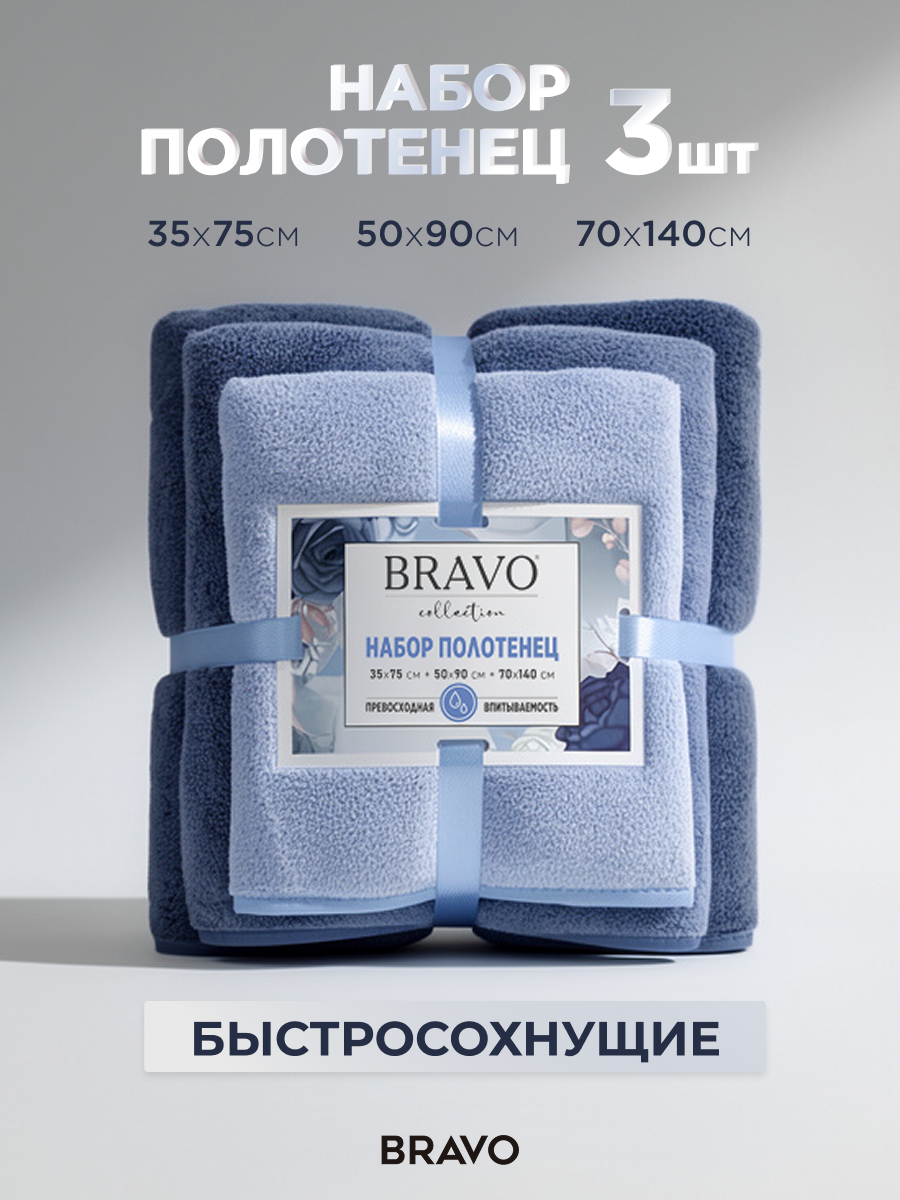 Полотенце BRAVO Сванк 35*75+50*90+70*140 синий 3 шт. - фото 1