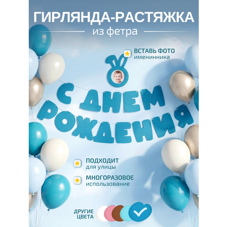 Гирлянда-растяжка Mimibabybook С Днем Рождения из фетра синяя