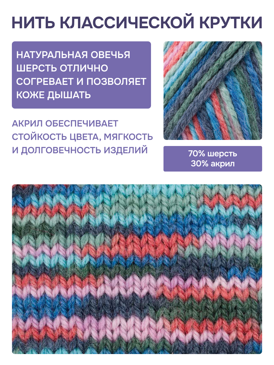 Пряжа для вязания Люблю Вязать Шерстяная секционная 100 г 125 м 3 шт - фото 2