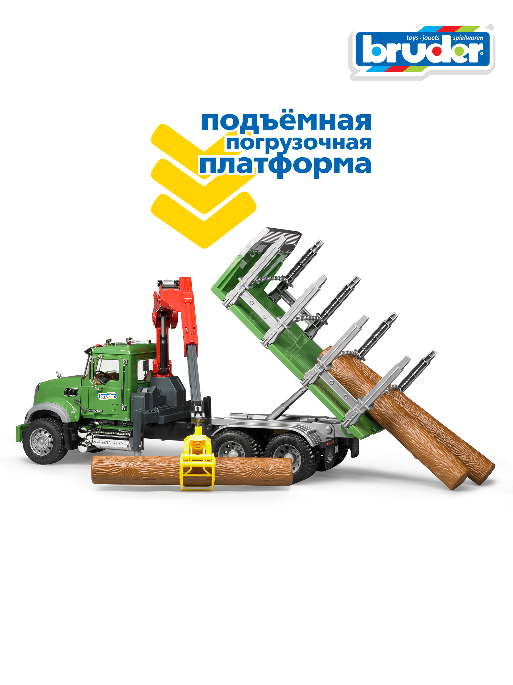 Грузовик Bruder MACK С портативным краном + брёвна 02-824 - фото 8