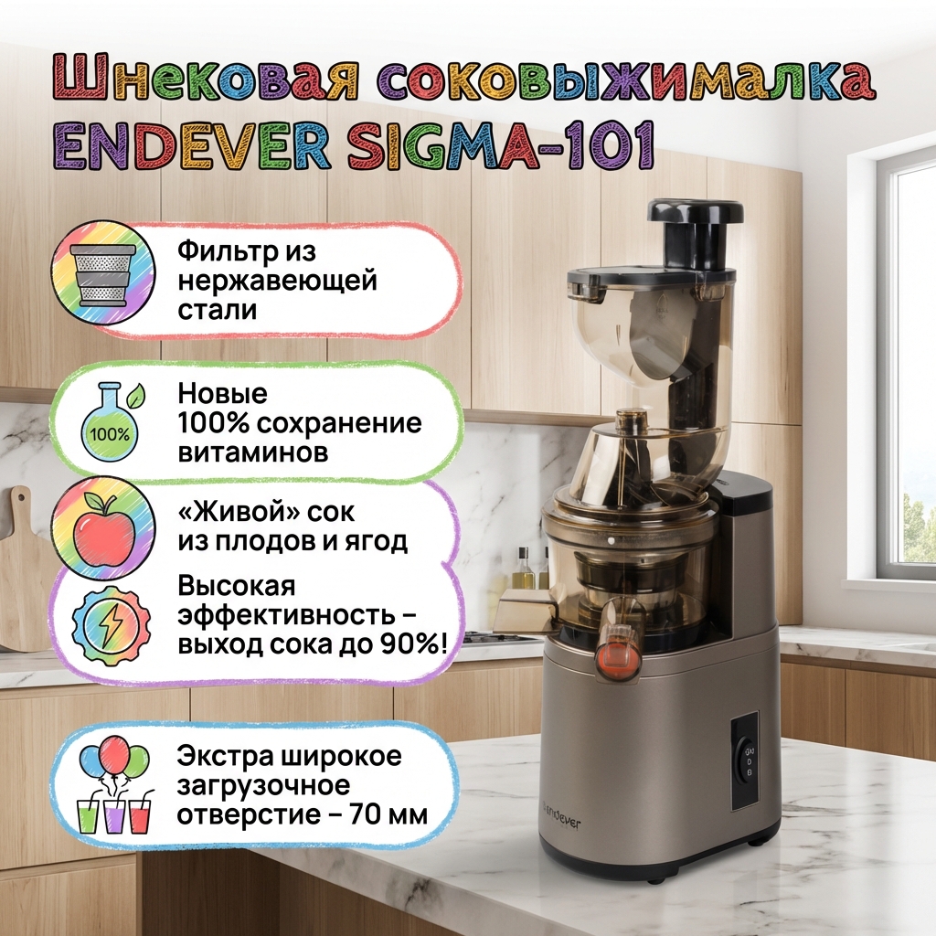 Изображение товара Шнековая соковыжималка ENDEVER Sigma 101 холодный отжим мощность 420 Вт