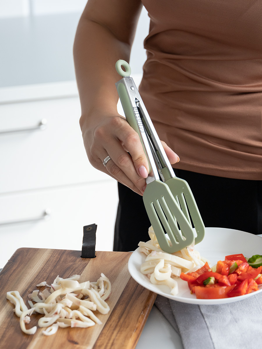 Щипцы кухонные DeNASTIA универсальные 27x5.5 см нержавеющая сталь силикон серый мятный A000182 - фото 8