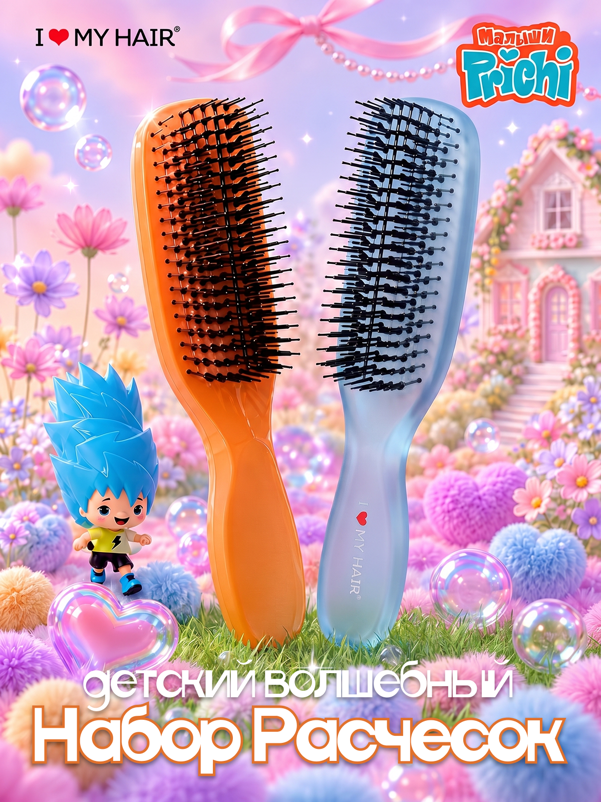 Набор массажная расческа, расческа, щетка I LOVE MY HAIR многоцветный искусственная щетина 2 предм. - фото 1