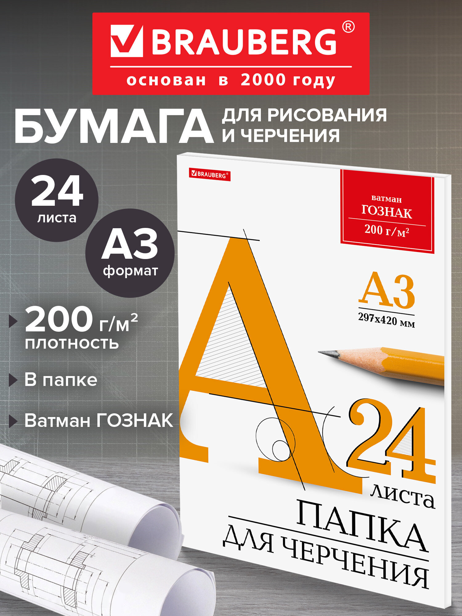 Художественная бумага, бумага для черчения Brauberg для графики 24 лист. - фото 1