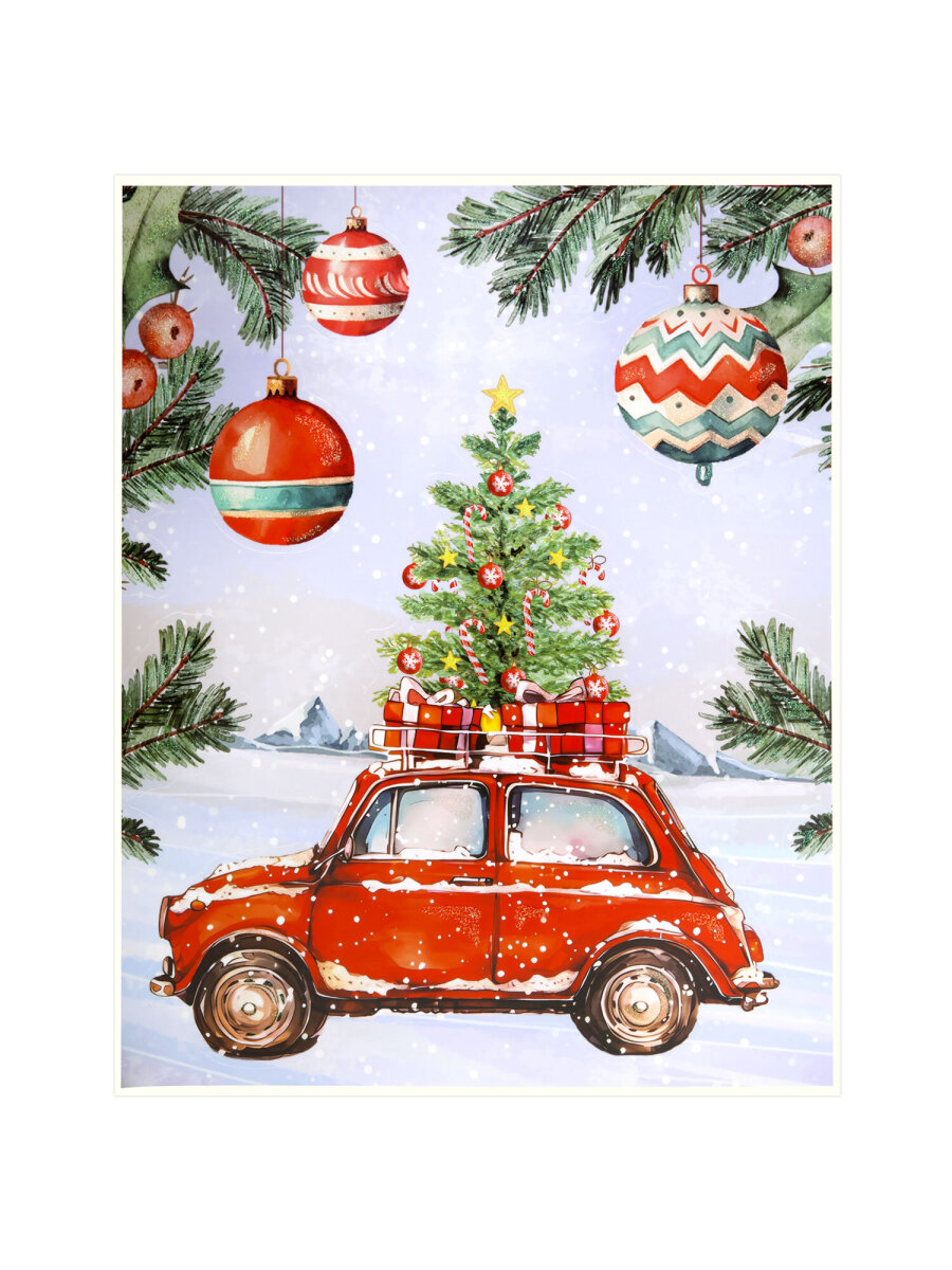 Новогодняя наклейка Золотая сказка на окна и стекла двусторонняя многоразовая Машинка 30x38 см - фото 7