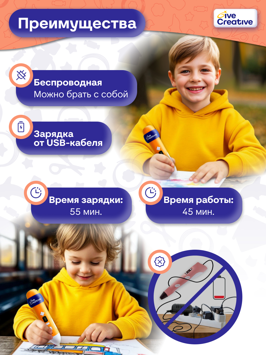 3D ручка Give Creative беспроводная с набором - фото 5