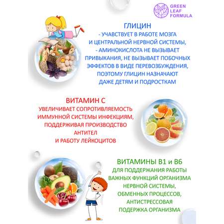 Глицин для детей от 3 лет Green Leaf Formula витамины для детей для мозга нервной системы для сна витамин группы В С