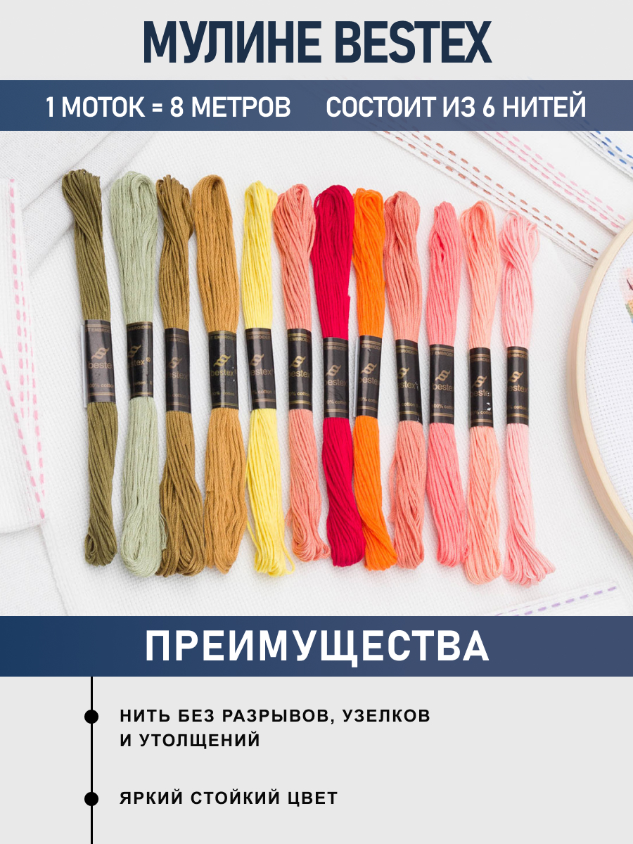 Нитки мулине хлопок для вышивания Bestex 12цветов 8м - фото 2