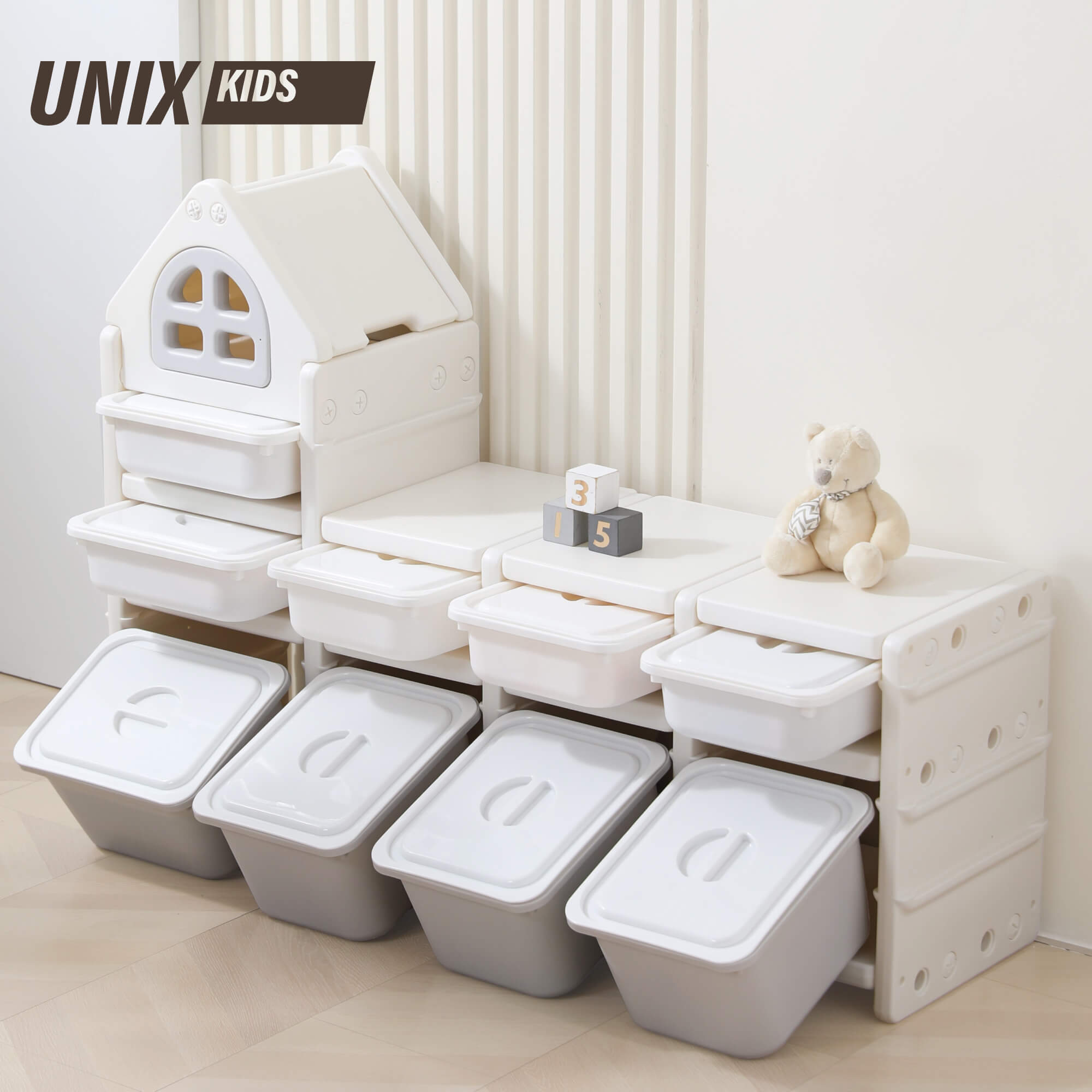 Изображение товара Стеллаж UNIX Kids 9 ящиков — безопасный пластиковый детский стеллаж 133×36×95 см