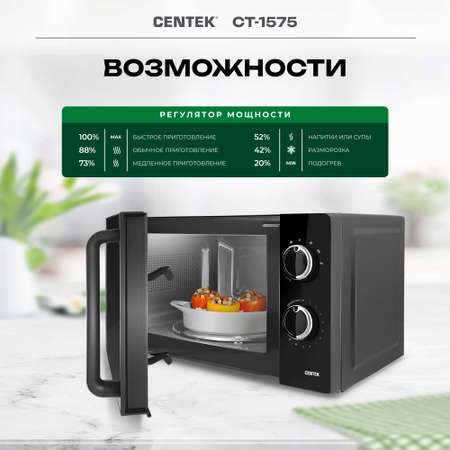 Микроволновая печь CENTEK CT-1575 Черная 700Вт 20л 6 режимов подсветка открывание дверцы ручкой