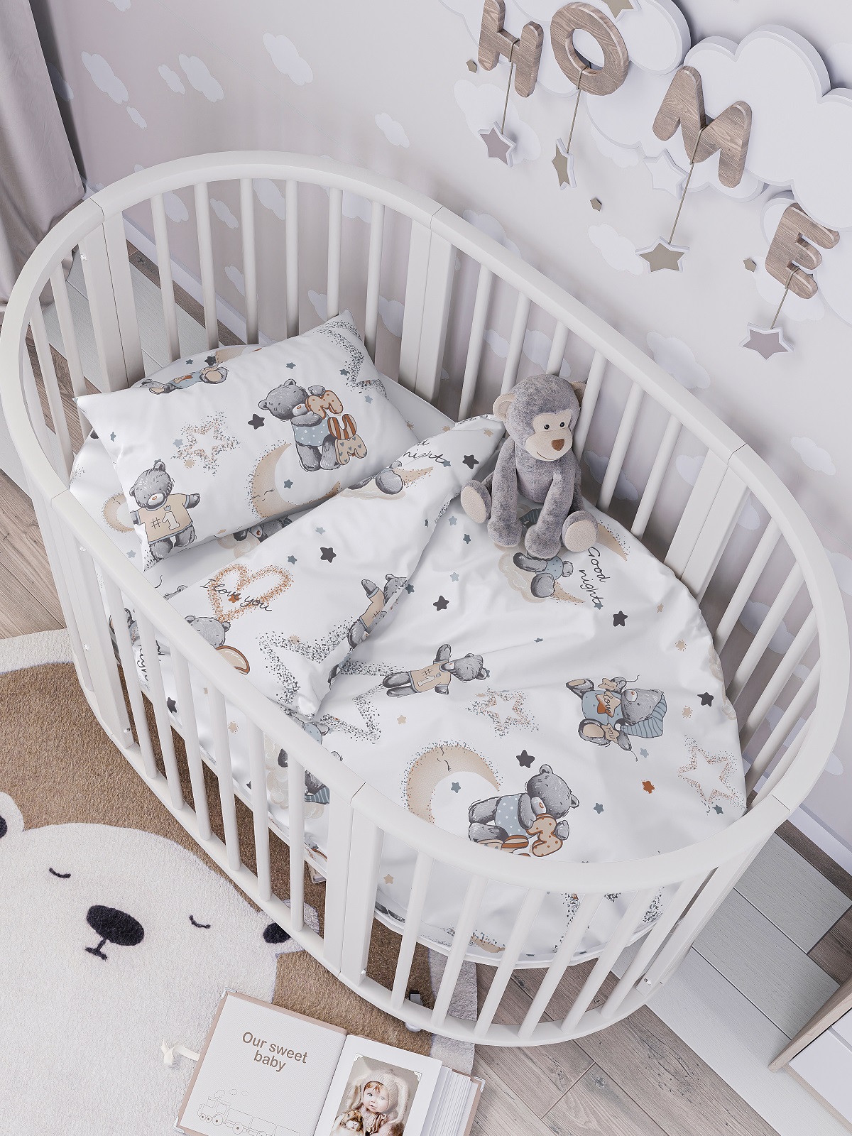 Комплект постельного белья Lemony kids в овальную кроватку Teddy bear Белый 3 предмета - фото 1