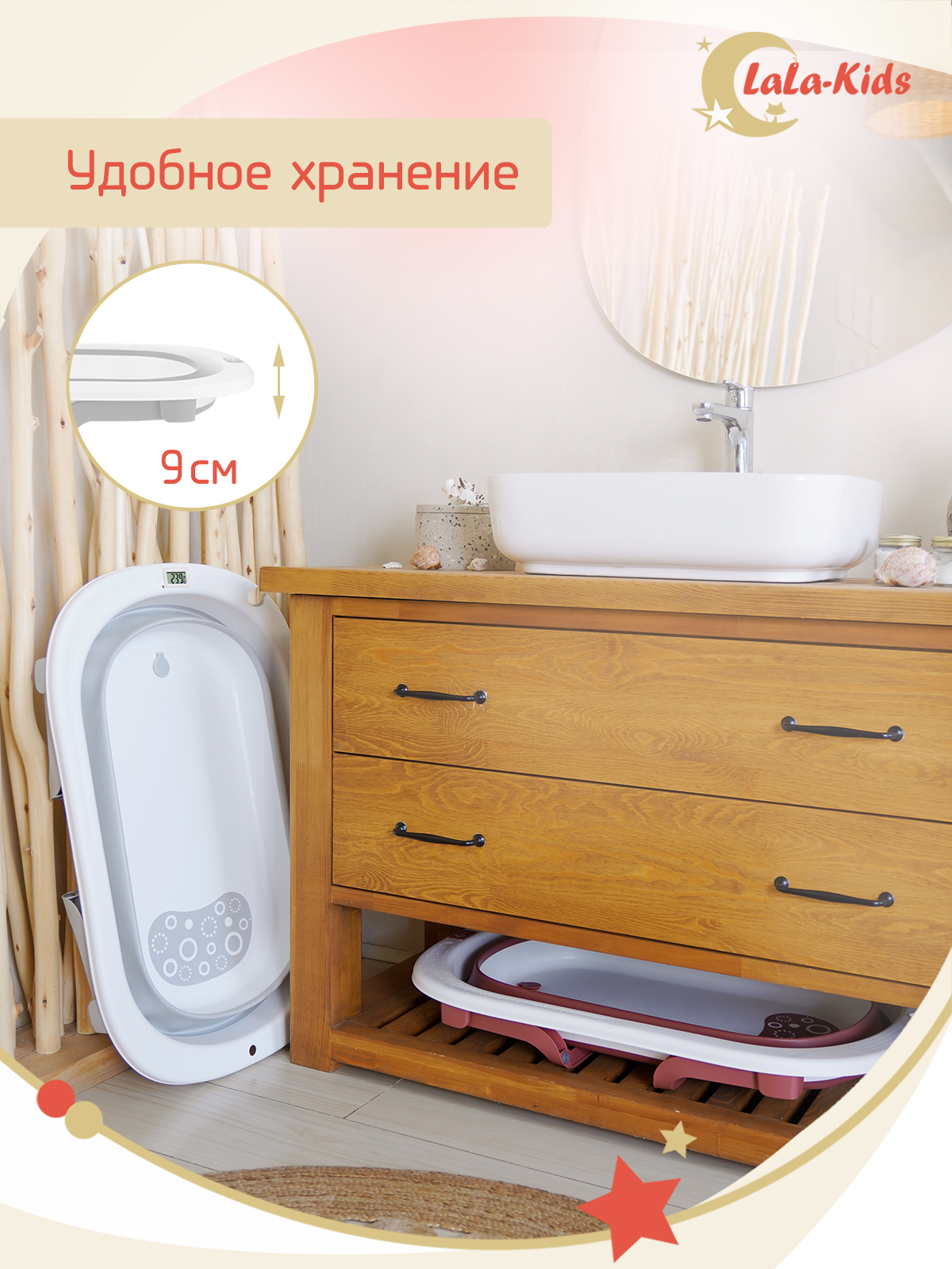 Складная ванночка для купания LaLa-Kids с термометром и матрасиком в комплекте - фото 4
