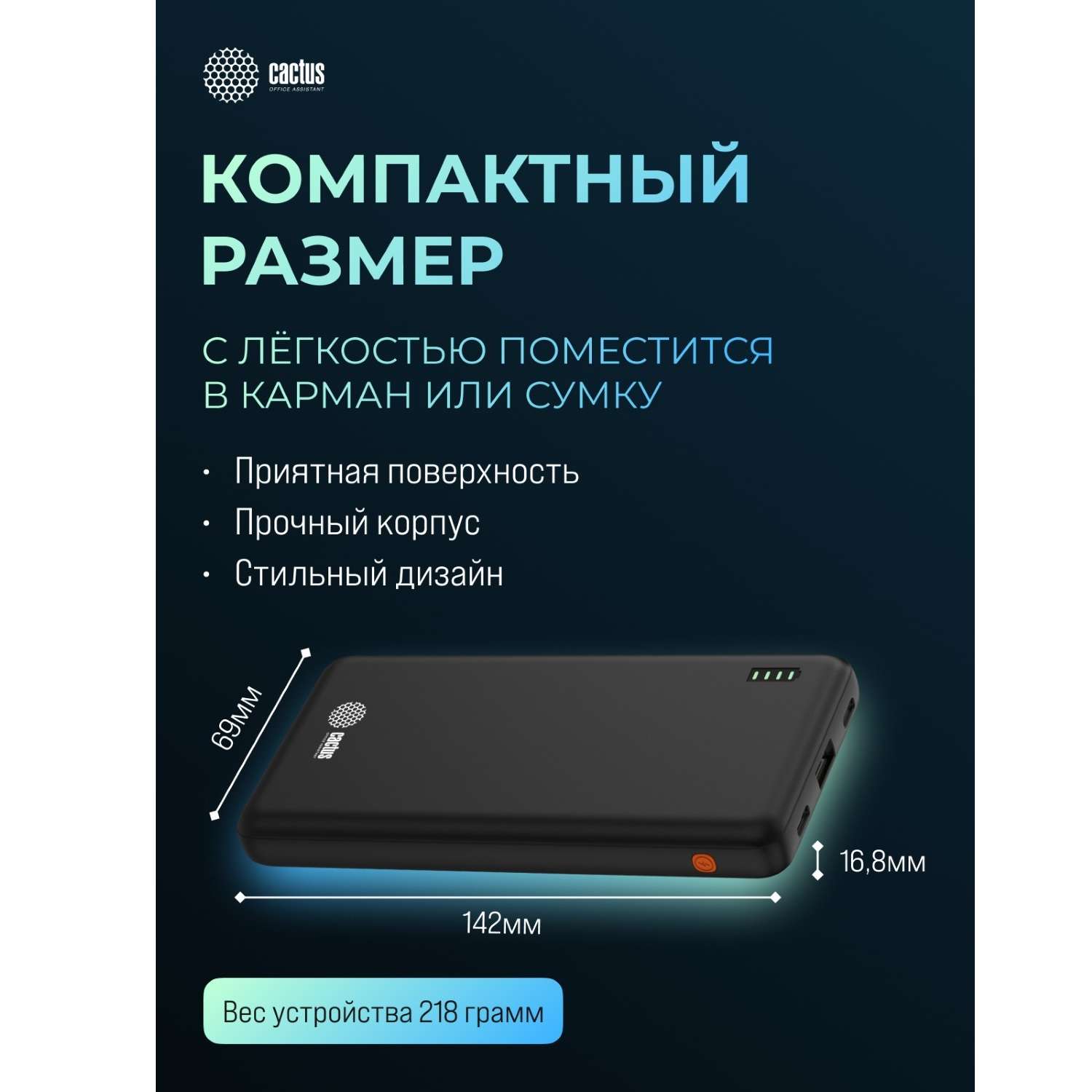 Аккумулятор мобильный CACTUS 10000mAh черный - фото 2