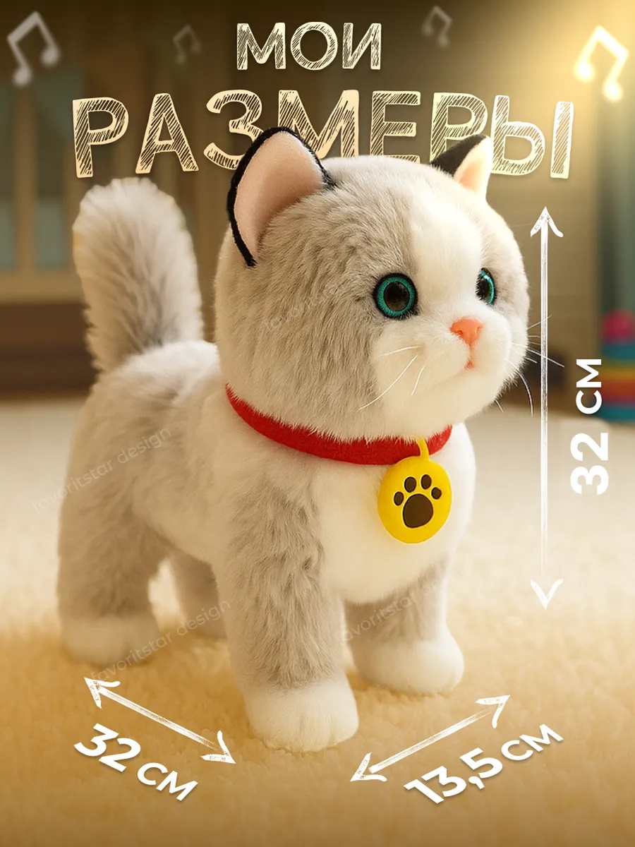 Мягкая игрушка FAVORITSTAR DESIGN котик Кошка интерактивная - фото 2