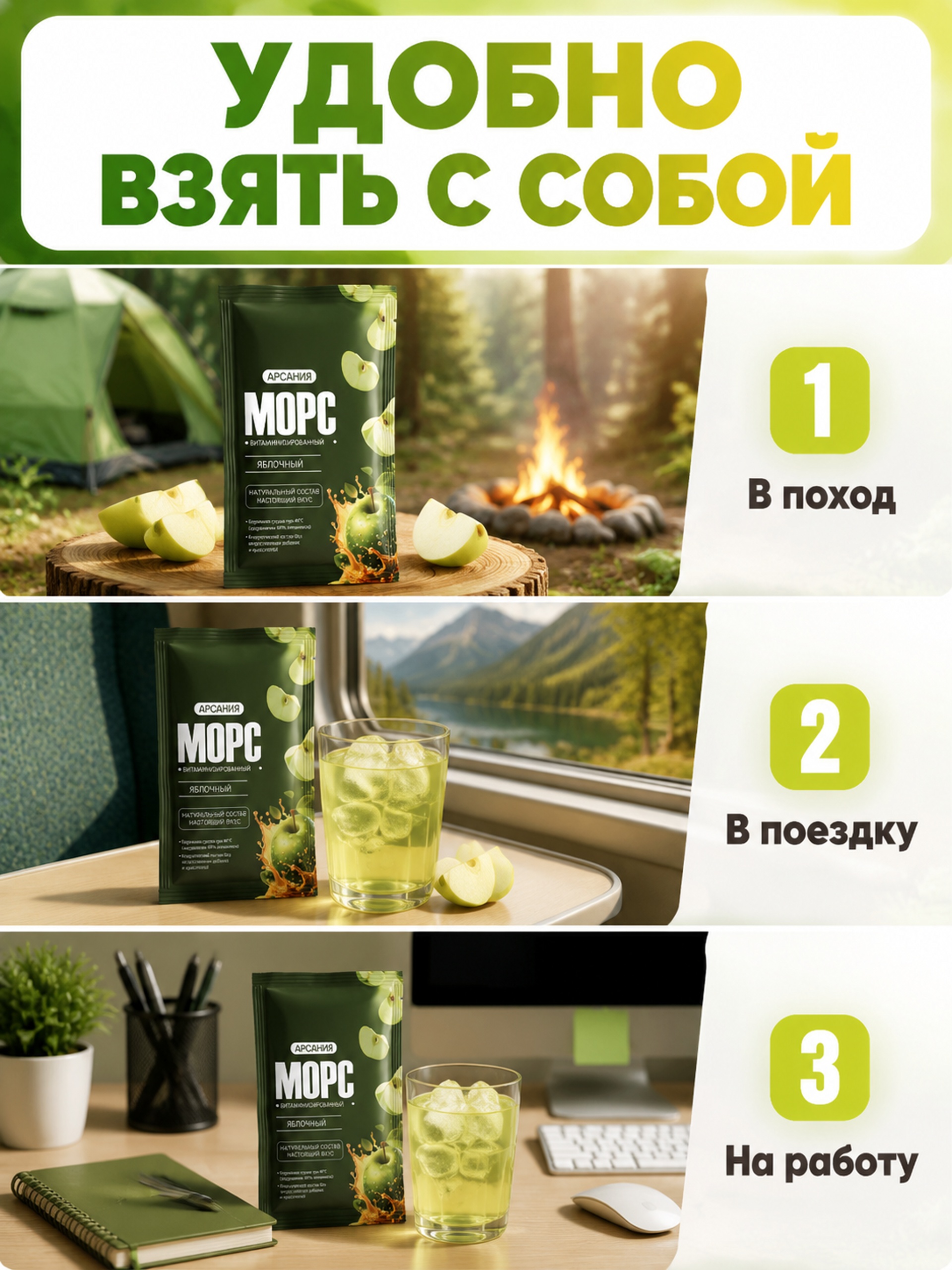 Морс «Зелёное яблоко» АРСАНИЯ сухой без варки 10 саше - фото 3